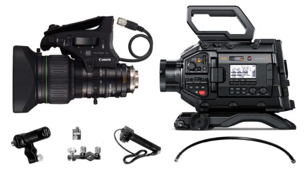 kit Blackmagic Design URSA Broadcast G2 com lente Canon e controle de zoom e foco